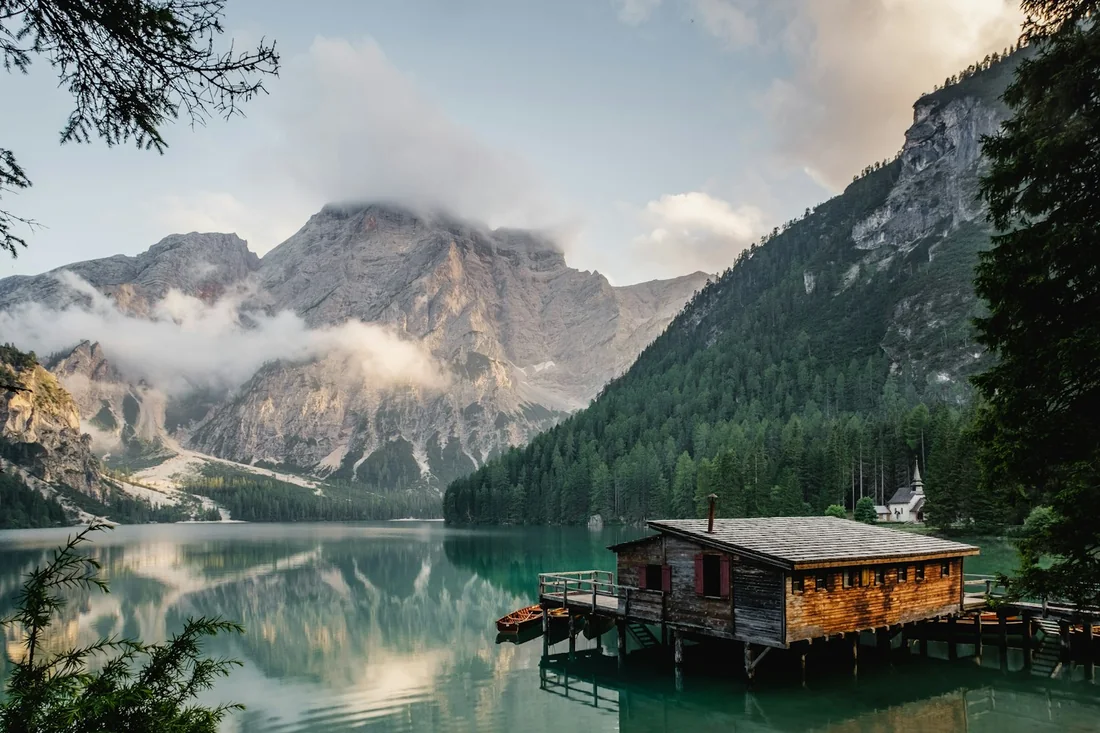 A mountain landscape reflected in a quiet lake