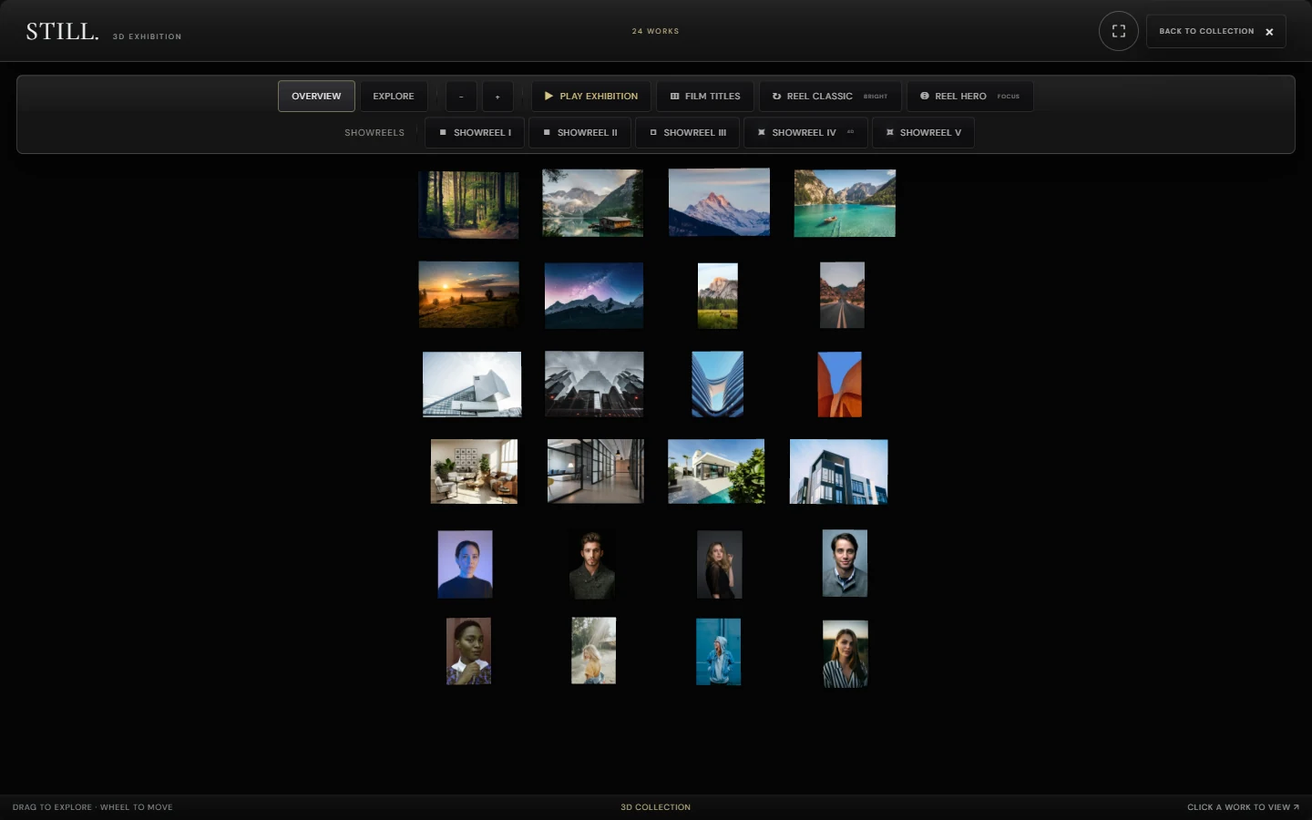 The spatial exhibition: The live 3D gallery presents the collection with spatial camera and presentation controls.