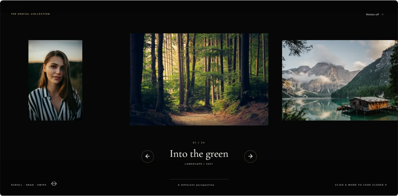 Photography with a sense of space: The Immersive view brings one photograph forward while neighbouring works remain in perspective. The selected title and collection position stay visible.