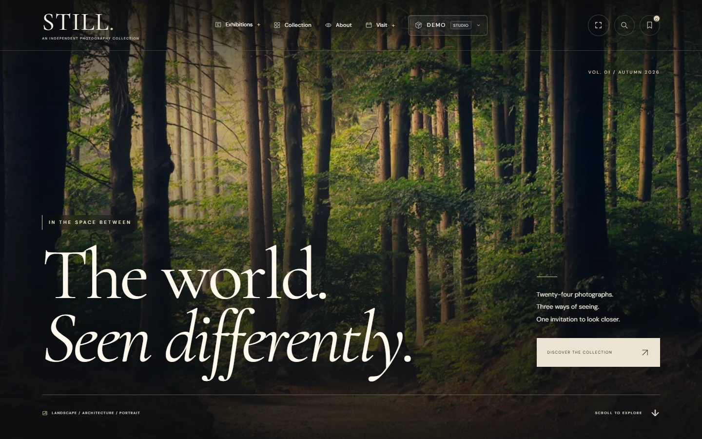 The editorial entry: The live homepage introduces the photography collection and the exhibition navigation.