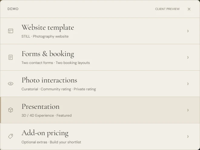 The comparison menu: DEMO STUDIO groups the presentation modes, form layouts and interaction styles.