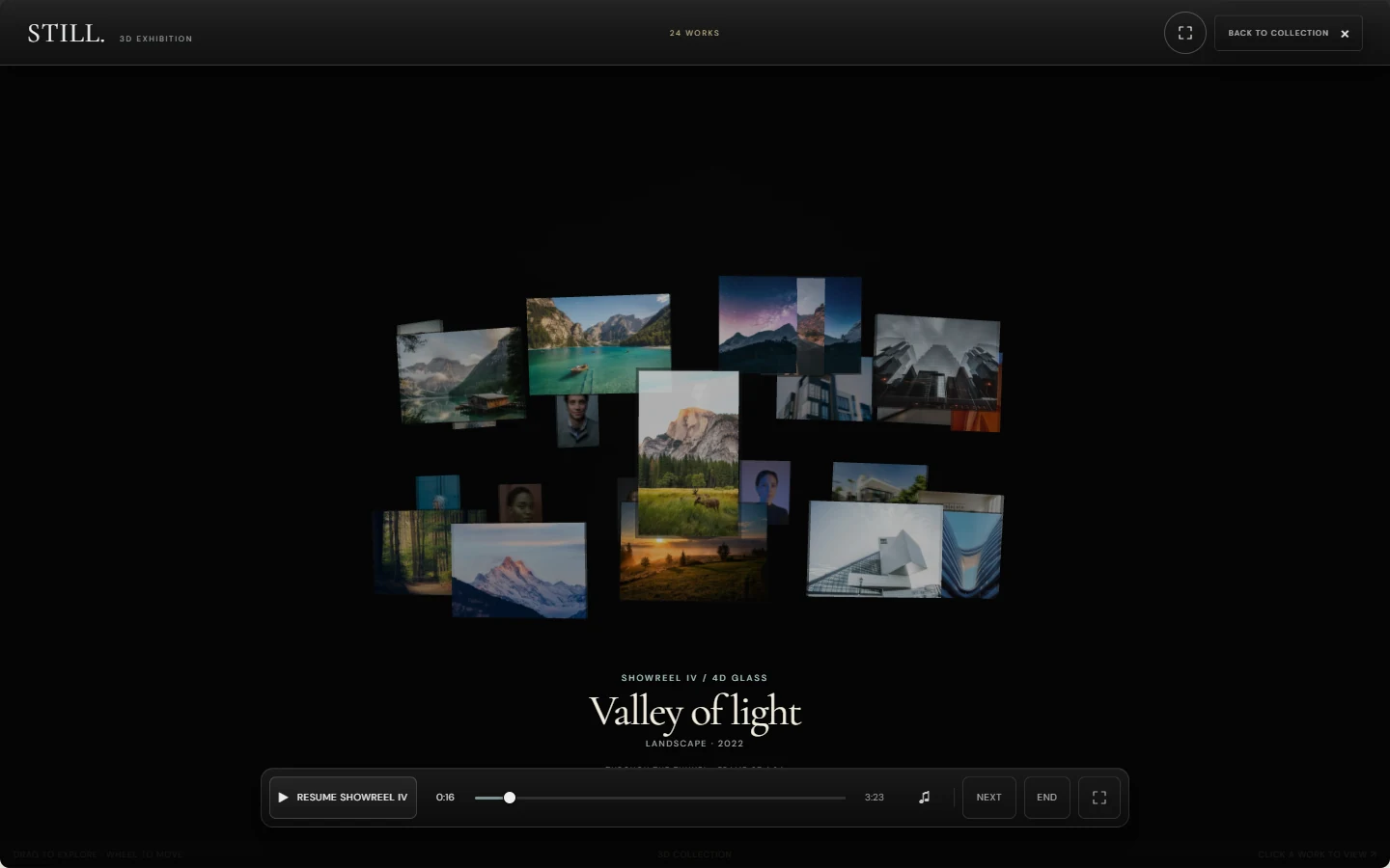 A cinematic sequence: A paused Showreel IV frame shows the photographic choreography and its playback controls.